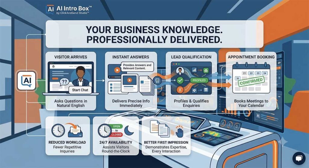 AI Intro Box™ | Managed AI Digital Receptionist for WordPress. Turn website visitors into qualified enquiries with AI Intro Box™. A managed AI digital receptionist for WordPress that answers questions, guides prospects & helps businesses book appointments in Ireland & UK.