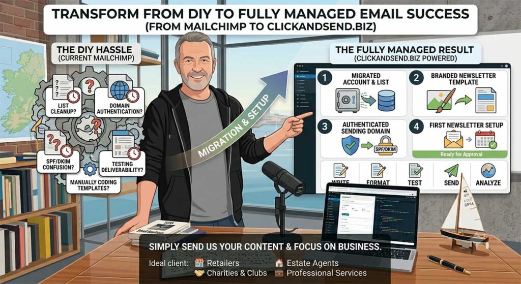 Replace Mailchimp with a done-for-you managed email newsletter service. We migrate your lists, create newsletters and send campaigns for your business. ClickAndSend.biz - Email Newsletters